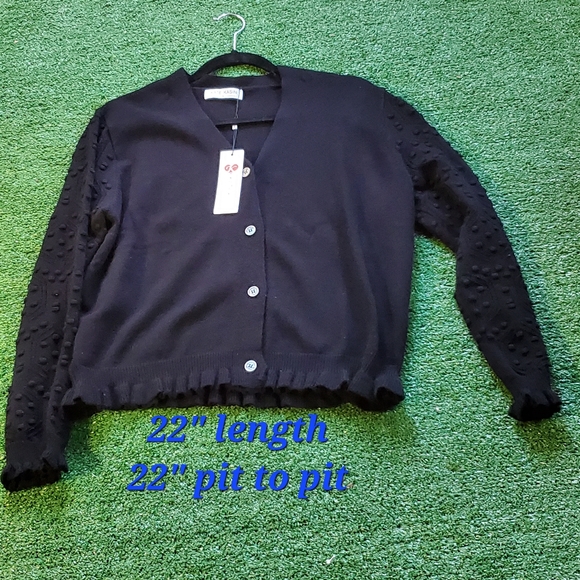 Black Sweater Short Cardigan Puff Pom Sleeves - Picture 9 of 13